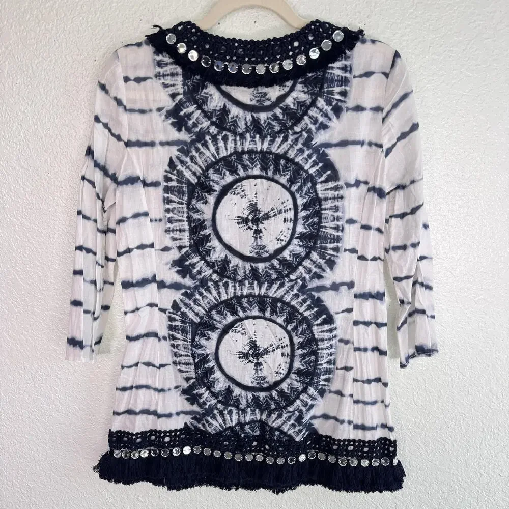Tory Burch Tunic Womens 6 Tie Dye Mirror Embellished Boho Festival Top Beachy